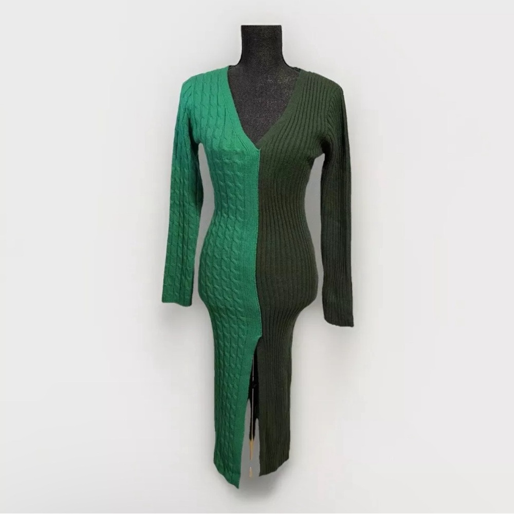 Rehab Lab Green On Green Midi BodyCon Knit Sweater Dress Size Medium Curves